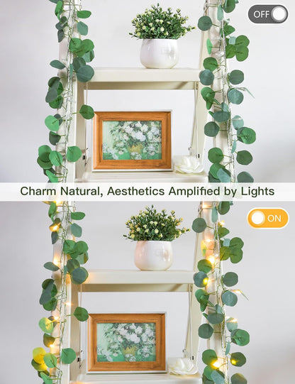suddus Vines with Lights Plug in, 33ft 100 LED Eucalyptus Garland String Light Connectable with Remote, Leaf Lights for Bedroom, Room, Wall, Garden, Party, Wedding Decor (Warm White)