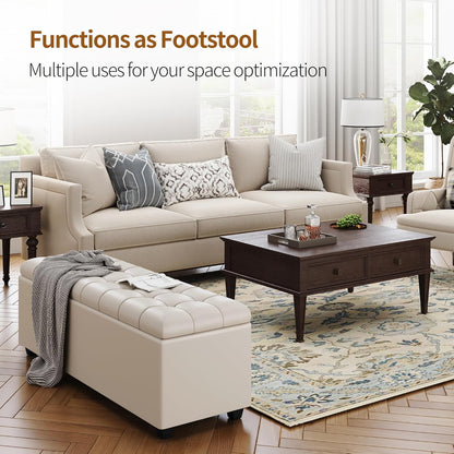 Small 38 Inches Long White Ottoman Bench with Storage,Footstool Furniture End of Bed Benches,Faux Leather Ottomans and Seat for Foot Rest in Bedroom, Living Room, Entryway