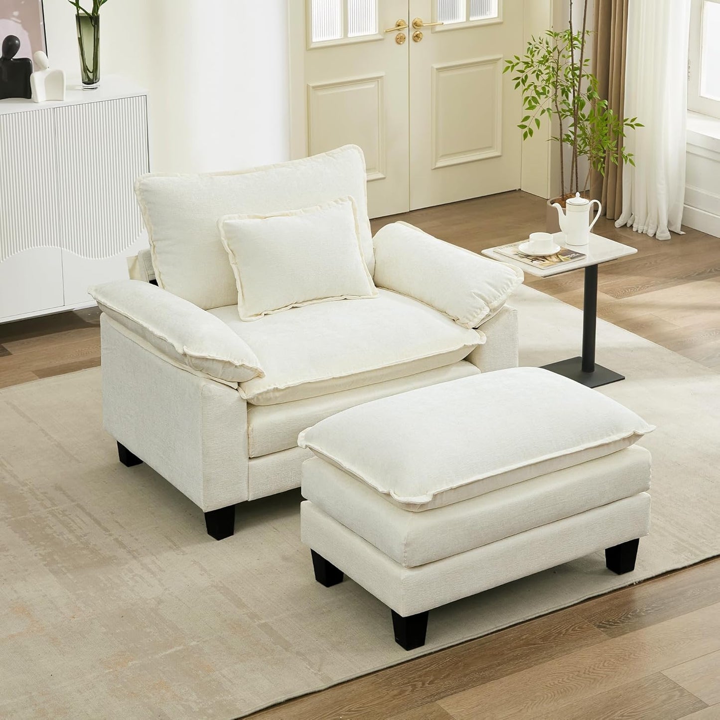 URRED Modular Sectional Sofa Comfy Cloud Couch, Modern Chenille Sofa Sleeper Deep Seat Couches with Ottoman/Pillows for Living Room (White, 53''- Ottoman)