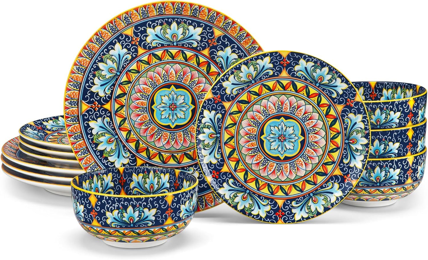 vancasso 12 Pieces Dinnerware Sets, Yellow Plates and Bowls Set, Porcelain Dishes Set for 4, Microwave and Dishwasher Safe, Scratch Resistant, Bohemian Style Dining Ware Service for 4, Series SIMI