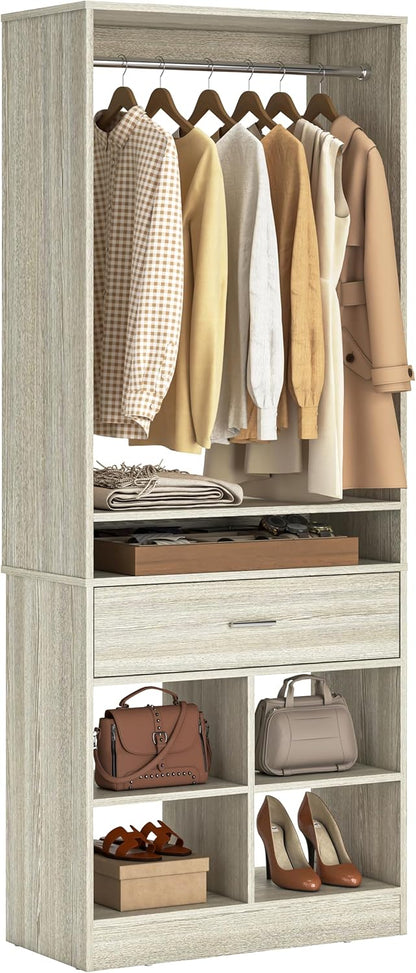 Unikito Freestanding Closet System with Wood Drawer and 4 Cubby Storage, Closet Organizer with Hanging Rods & Shelves, 25‘’W X 80'' H Clothes Garment Rack, Walk in Closet Tower Wardrobe, White Oak