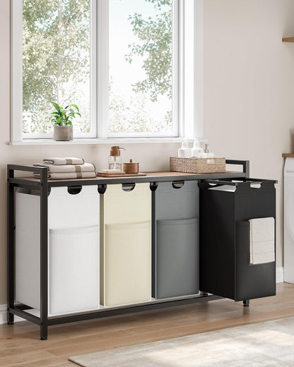 Lulive Laundry Hamper with Shelf, Laundry Basket 4 Section, Laundry Sorter Organizer with Pull-Out Removable Large 4 Color Bags & Large Top Shelf for Laundry Room, Bathroom and Dorm, 4 x 18 Gal (272L)