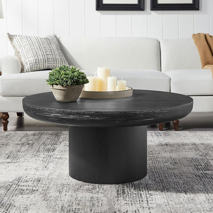 WILLIAMSPACE 35.98" Round Coffee Table with Cylindrical Base, Modern Wood Drum Center Table, Accent Side End Table for Living Room Apartment, φ35.98"*15.98"H (Black)
