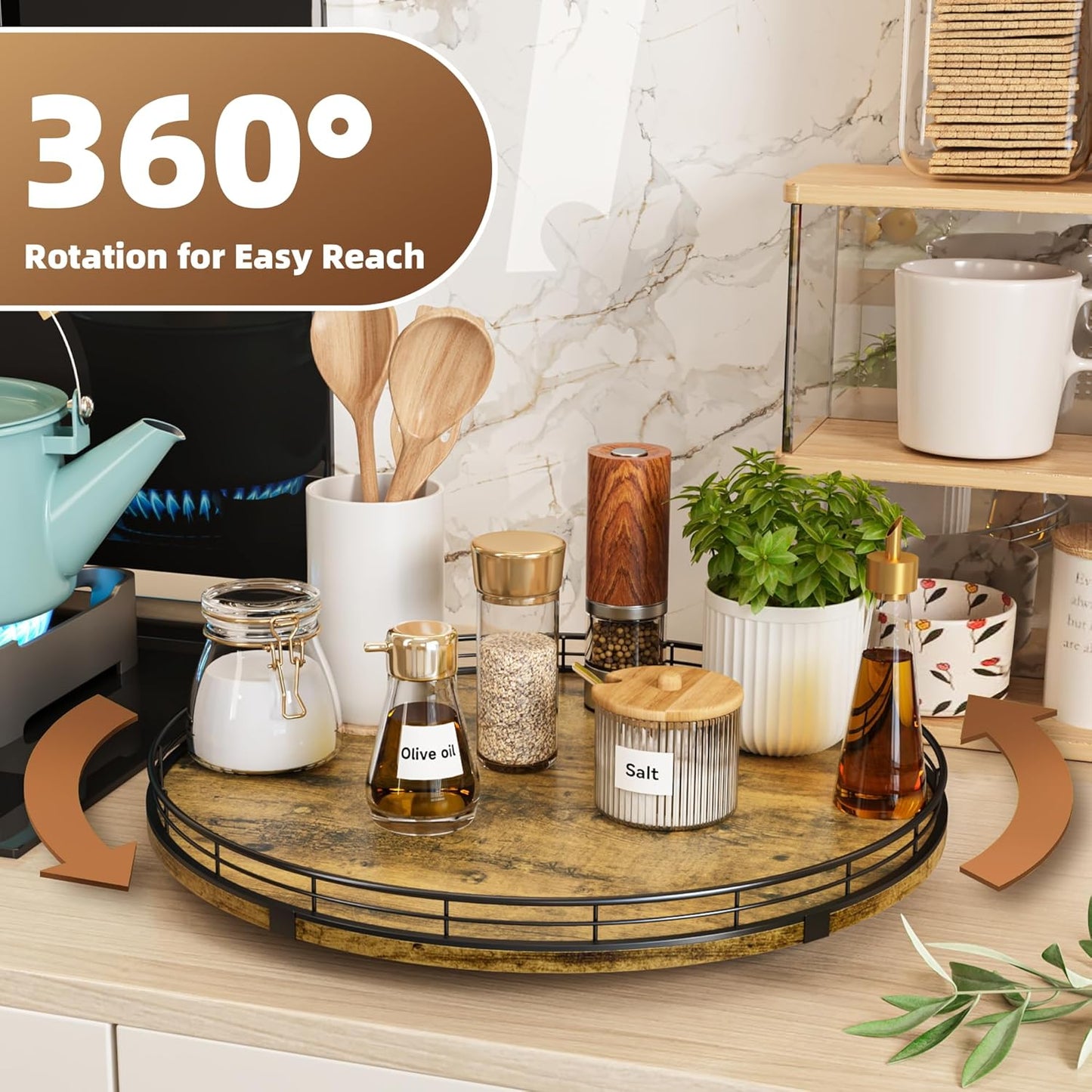 Lazy Susan Turntable Organizer for Table Top, 16’’ Round Wooden Lazy Susan for Cabinet Kitchen Countertop Pantry Dining Coffee Table for Condiments Spices, Rustic Bathroom Vanity Tray for Soap Candle