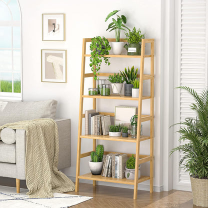 Homykic Bamboo Bookshelf 4-Tier Ladder Shelf, 49.2” Freestanding Open Bookcase Book Shelf Bathroom Storage Shelf Unit Plant Stand for Small Space, Bedroom, Living Room, Home Office, Natural