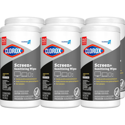 CloroxPro Clorox Screen+ Sanitizing Wipes, Bleach Free Cleaning Wipes, Citrus Blend Scent, 75 Count, Pack of 6