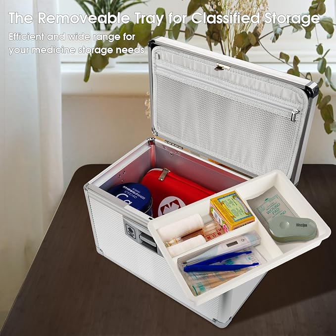 Medicine Lock Box with Key, Alluminum Alloy Box for Medication,First Aid Box with a Removeable Tray to Store Medicines & Pills for Home, Silver 14 * 8.46 * 7.48 Inch