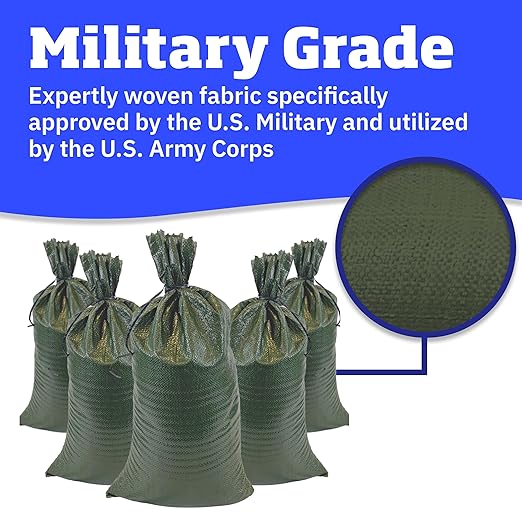 DURASACK Heavy Duty Sand Bags with Tie Strings Empty Woven Polypropylene Sand-Bags for Flood Control with 1600 Hours of UV Protection, 50 lbs Capacity, 14x26 inches, Green, Pack of 10