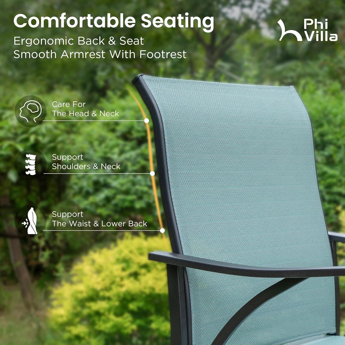 PHI VILLA 3 Piece Outdoor Bar Set, High Top Patio Bistro Table and Bar Chairs with Teal Textilene Fabric & Rustproof Metal Frame for Backyard, Balcony, Garden & Poolside