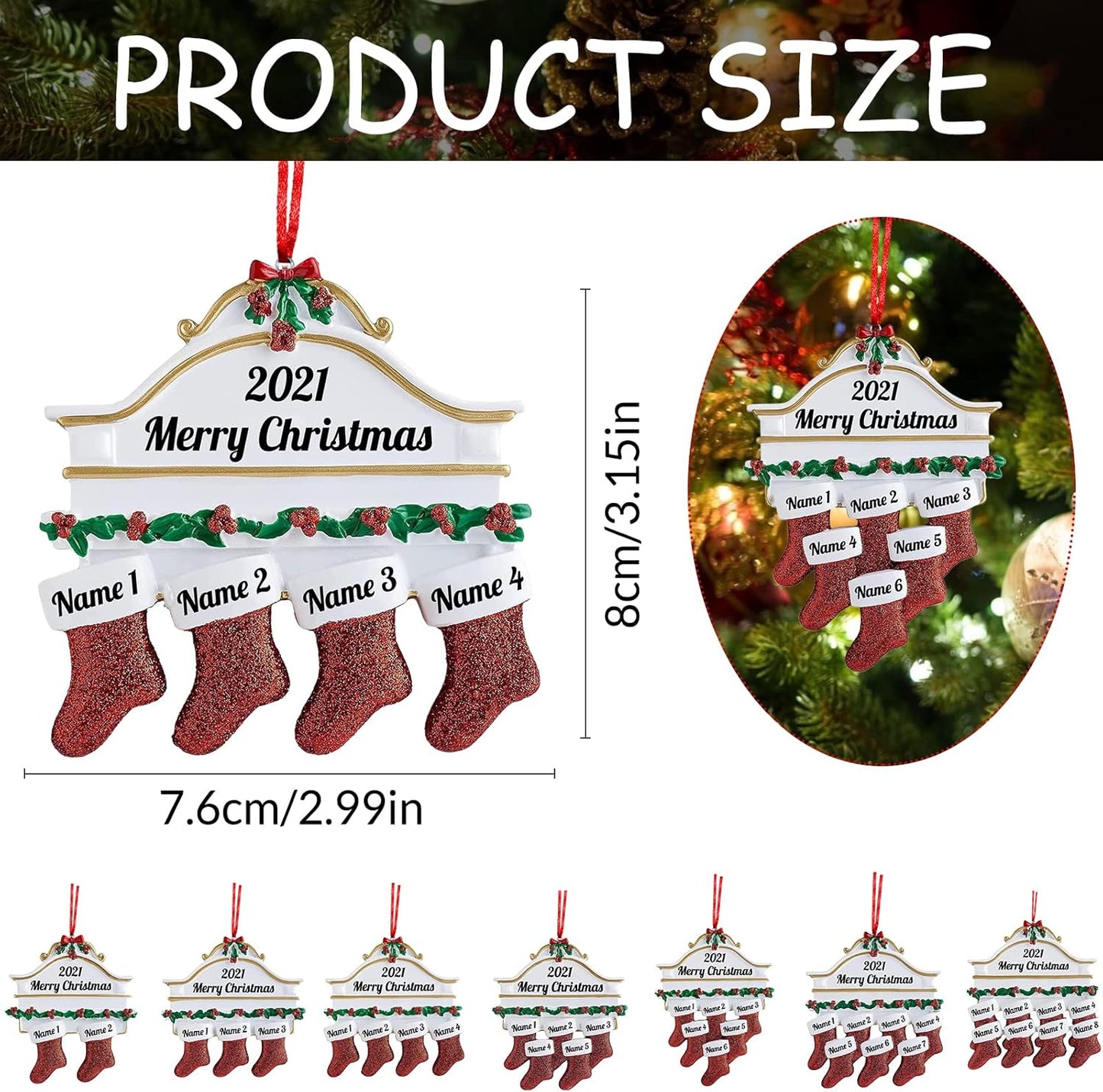 Personalized Christmas Ornaments Family of 2,3,4,5,6,7,8 Custom Christmas Stocking Ornaments with Names, Customized Xmas Day Home Christmas Tree Decora- Family of 4