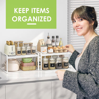 2 Pack Kitchen Countertop Organizer, Stackable Cabinet Shelf Organizer, 2 Tier Adjustable Kitchen Counter Shelves Riser For Pantry Cupboard Bathroom Organization And Storage, Desk Shelf,Spice Rack