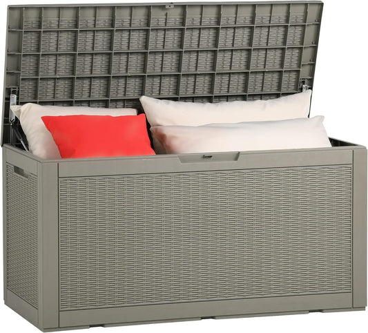 YITAHOME 100 Gallon Large Resin Deck Box Outdoor Storage Boxes for Patio Furniture, Outdoor Cushions, Garden Tools and Pool Supplies-Waterproof,Lockable (Taupe)