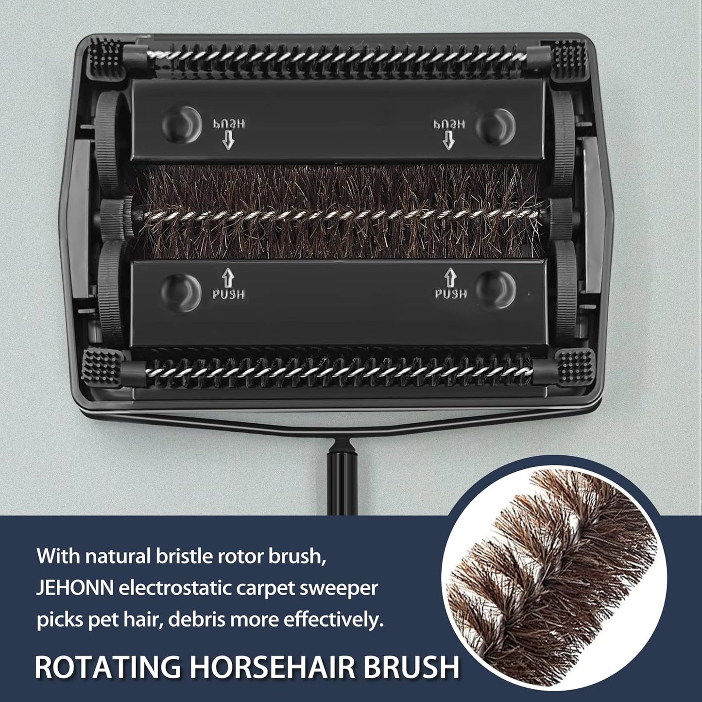 JEHONN Carpet Floor Sweeper Manual with Horsehair, Non Electric Quite Rug Roller Brush Push for Cleaning Pet Hair, Loose Debris, Lint (Black)