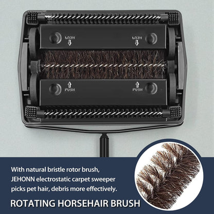 JEHONN Carpet Floor Sweeper Manual with Horsehair, Non Electric Quite Rug Roller Brush Push for Cleaning Pet Hair, Loose Debris, Lint (Black)