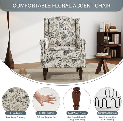 UIXE High Back Floral Accent Chairs Set of 2, Upholstered Armchair in Fabric, Retro Printed Wingback Arm Chair for Living Room, Nailhead Trim Single Sofa Bedroom Reading Seat - Plants Beige