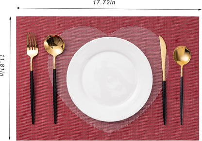 CADONO Placemats Set of 6 Washable Indoor/Outdoor Vinyl Place Mats for Dining Table Durable Non-Slip Heat Resistant PVC Weave Table Mats（Red Pink Heart）