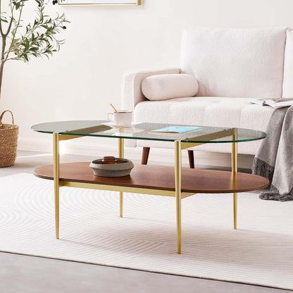 Oval Glass Coffee Table, Mid-Century Modern Design, L41 x W21 x H17 inch, for Living Room, 2-Tier Structure, Clear Glass Top and Walnut Finish Wood Shelf, Conical Legs with Gold Finish Frame