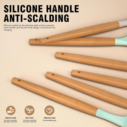Silicone Cooking Utensils Set - Silicone Kitchen Utensils for Cooking Wooden Handles, 446°F Heat Resistant Kitchen Utensil Spatula Sets w Holder, Gadgets for Non-Stick Cookware BPA FREE (Multicolour)