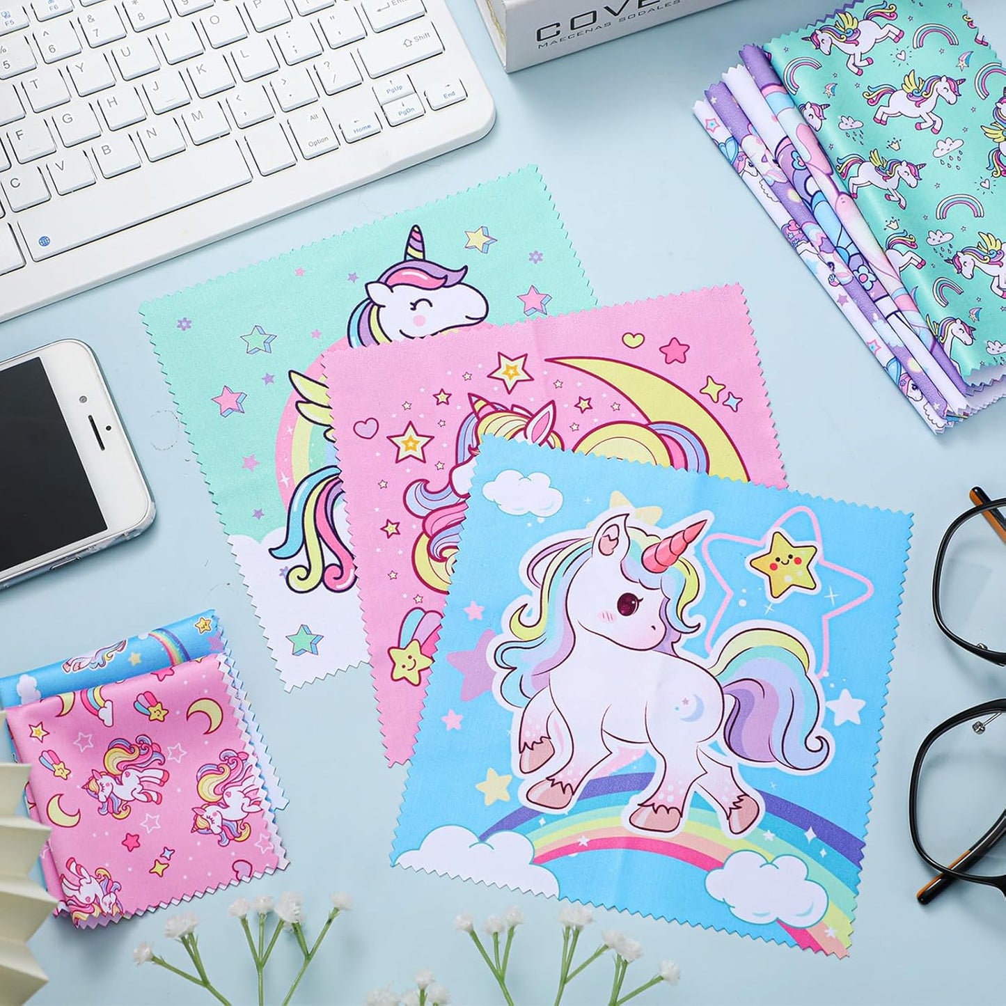 Sinmoe 20 Pcs Microfiber Cleaning Cloth Cute Unicorn Design Microfiber Soft Multicolor Glasses Cleaner Cloth for Eyeglasses Camera Lens Cell Phone Screens Glasses, 6 x 6 Inches