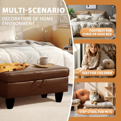 Ottoman Rectangular Storage Ottoman Bench, Faux Leather Footrest, Coffee Table, Stool Footstool with Hinged Lid for Living Room, Bedroom, Entryway, Brown, 28.5"x19"x17.5"