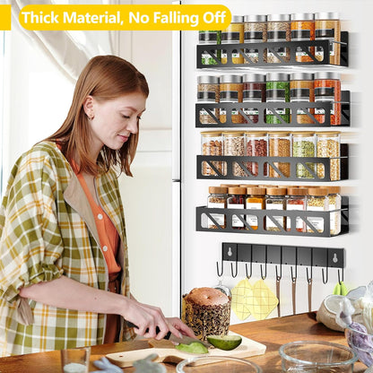 Magnetic Spice Rack Organizer for Fridge Seasoning Organizer for Kitchen storage with Screw or Adhesive Hanging,Magnetic Shelf with Hook for Refrigerator and Oven (Black, 5pack&12pcs)