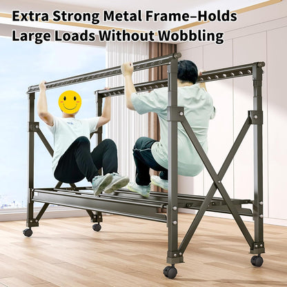 Heavy Duty Rolling Clothing Rack with Wheels, Portable Double Rod Metal Garment Rack, Clothes Drying Hanging Organizer for Laundry, Storage, Freestanding Adjustable Coat Hanger (Extendable, Grey)