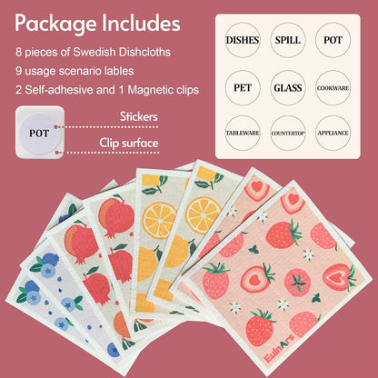 Swedish Dishcloths for Kitchen, 8 Pack Reusable Paper Towels with Clips, Non-Scratch Swedish Dish Towels, Super Absorbent Cellulose Sponge Cloths, Eco Friendly Gifts