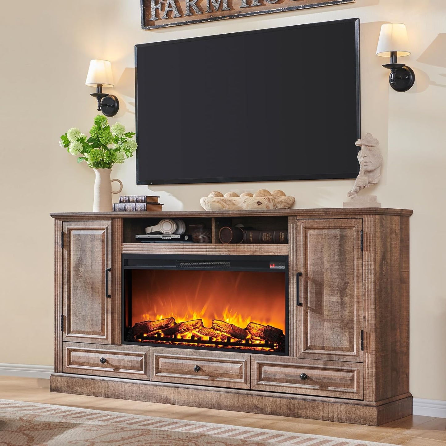 Fireplace TV Stand for 80 Inch TV, 35.7" Tall Farmhouse Entertainment Center W/36'' Electric Fireplace, Media Console with Large Storage Cabinets and Drawers for Living Room, Light Brown