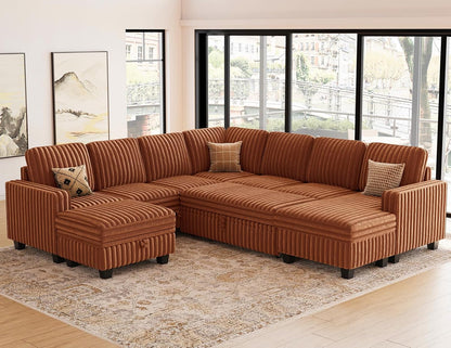 Belffin Oversized Sofa Bed Modular Sectional Sleeper Sofa with Pull Out Bed L Shaped Couch with Storage Chaise Brick Red Couch