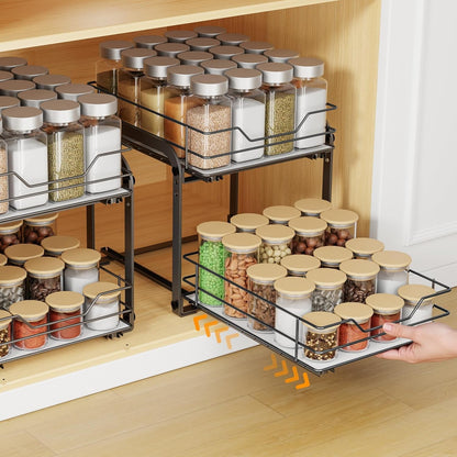 Spice Rack Organizer for Cabinet, 2 Tier Vertical Pull Out Spice Rack – Heavy Duty Metal Spice Organization for Cabinet, 40-Jar Capacity, Height Adjustable Cabinet Organizer (9"W×10.5"D×9"H, Black)