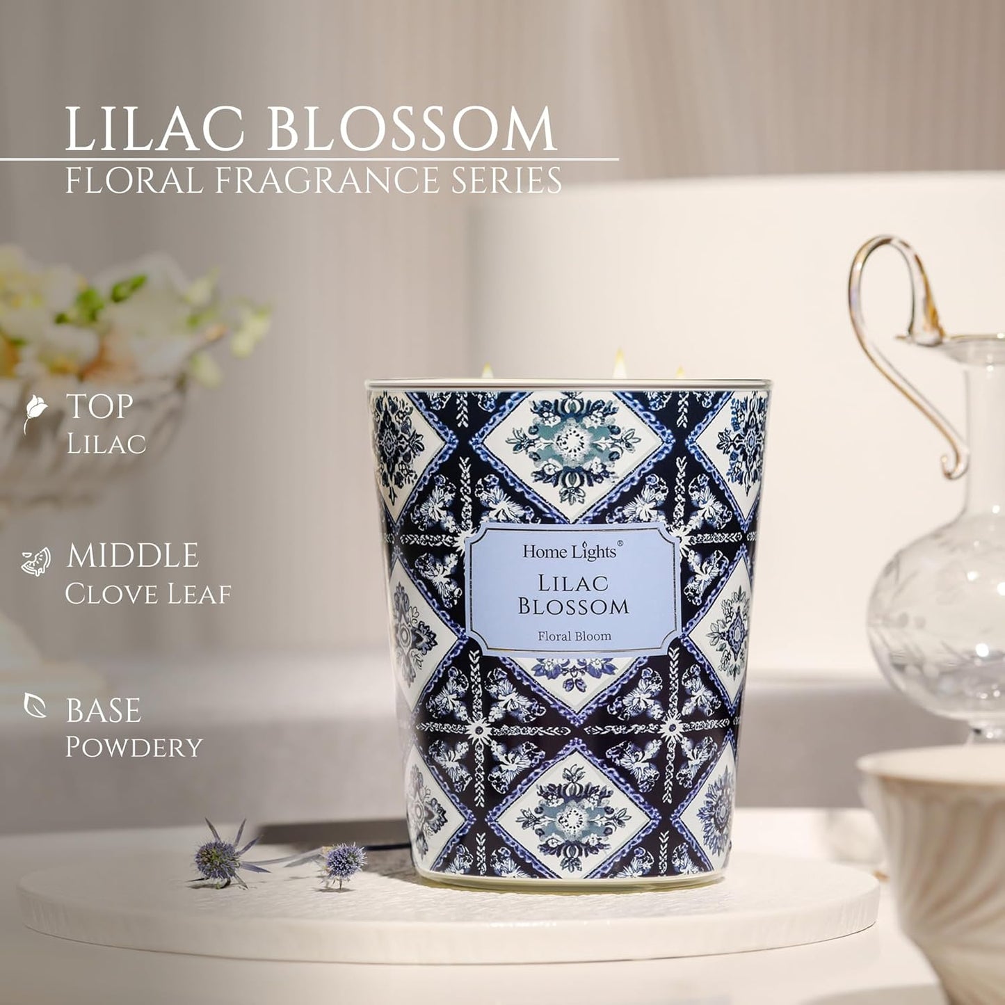 HomeLights Lilac Blossom Scented Candles | 34oz Soy Candles Bohemian Natural Textures 3-Wick Large Candle Jars | Ideal Candle Gifts for Events, Home Decor Stress, Relief & Relaxation