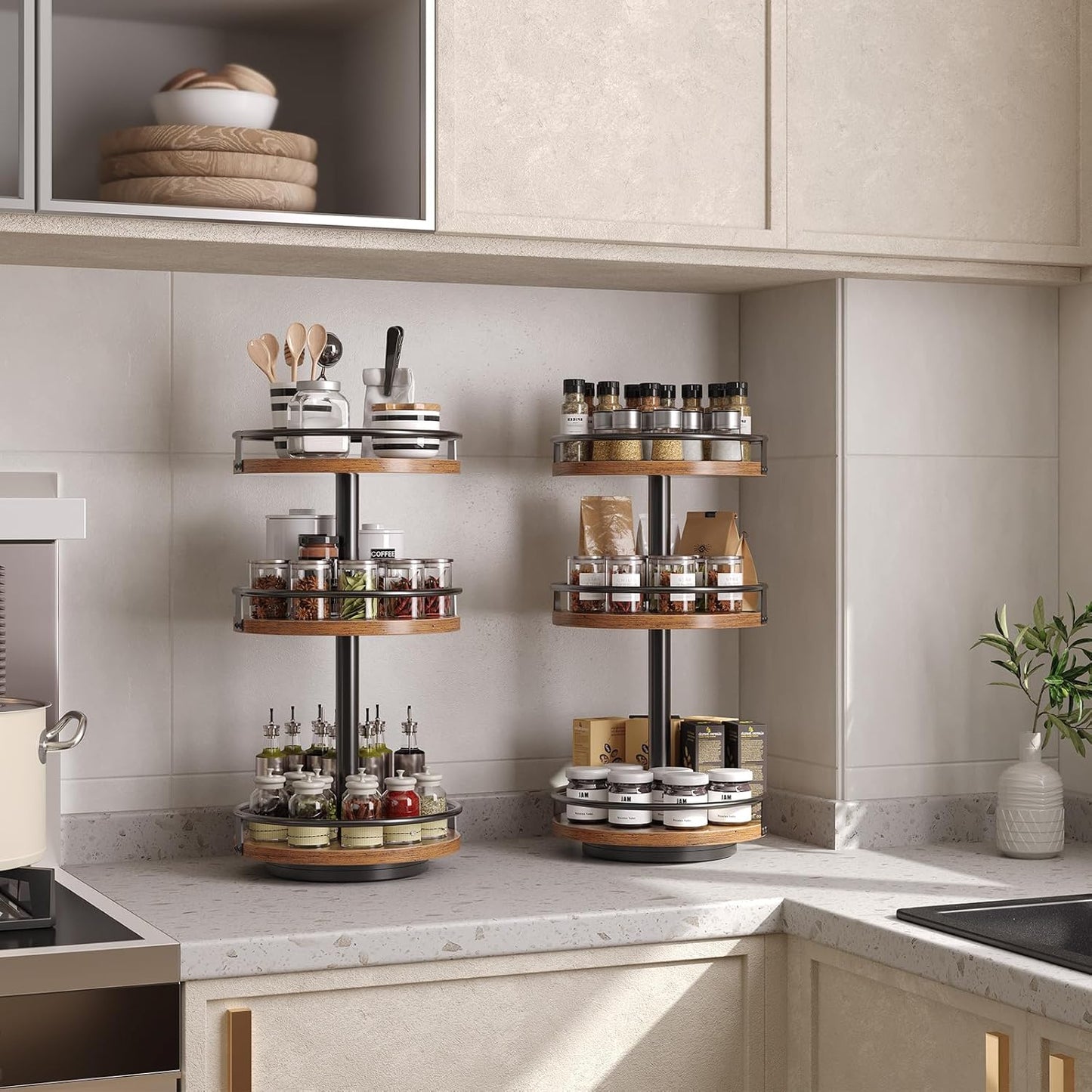 HOOBRO 3-Tier Lazy Susan Organizer, Rotating Spice Rack, Turntable Spice Rack, Vertical Storage Organizer, for Kitchen Countertop, Vanity, Dining Table, Rustic Brown and Black BF09TL01