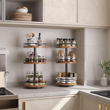 HOOBRO 3-Tier Lazy Susan Organizer, Rotating Spice Rack, Turntable Spice Rack, Vertical Storage Organizer, for Kitchen Countertop, Vanity, Dining Table, Rustic Brown and Black BF09TL01