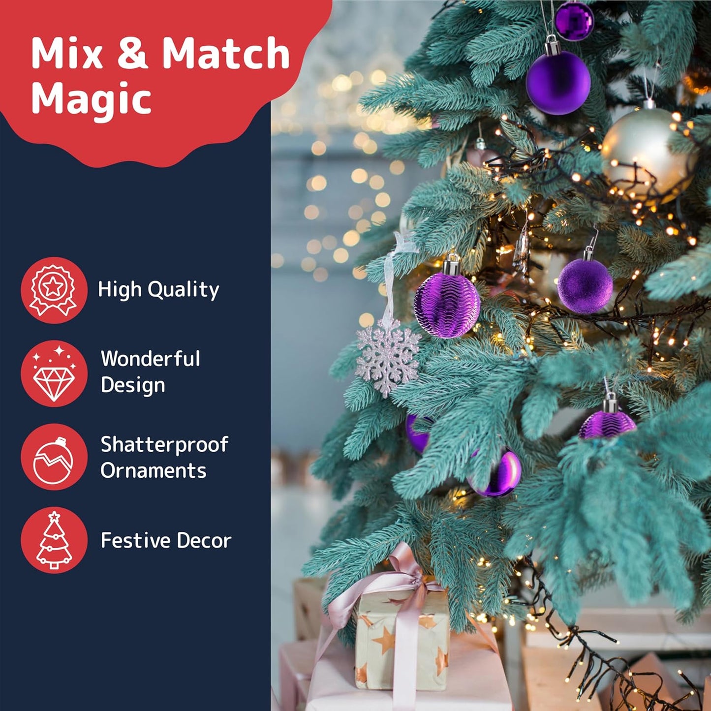 PREXTEX 36-Piece Purple Christmas Ornaments Set - Shatterproof Plum Colored Tree Balls - 6 Styles, 3 Sizes with Hanging Loops to Decorate Christmas Tree - Ideal for Indoor and Outdoor Holiday Decor