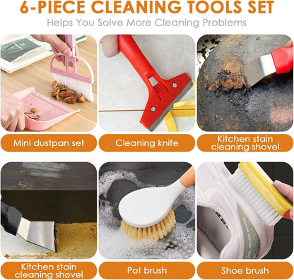 Broom and Dustpan Set with Long Handle and 6 Bonus Cleaning Tools, Upright Standing Combo with Self-Cleaning Teeth & Windproof Dustpan for Pet Hair, Home, Kitchen, Garage, Apartment