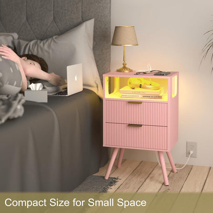 Pink Nightstand with Charging Station and LED Lights,Modern Bedside Table with 2 Storage Drawer and Open Wood Shelf, for Bedroom and Small Spaces,Night Stand with Solid Wood Legs,Pink