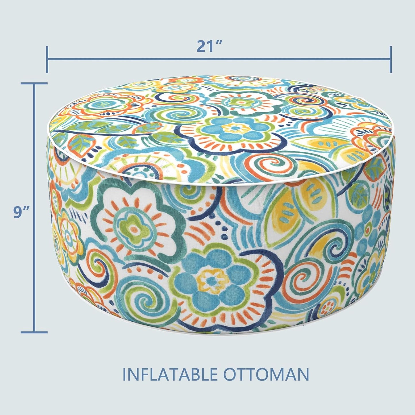 LVTXIII Outdoor/Indoor Inflatable Stool Ottoman, All Weather Patio Footrest Pouf, Portable Round Ottoman for Patio Garden, Camping or Home, D21xH9 Inches, Flower Blue