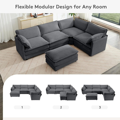 ROWHY 113'' Modular Sectional Cloud Couch, 5 Seater Corner Sofa Big Comfy Corduroy Oversized L Shaped Couch with 2 Pillows, Ottoman, Deep Seat Sectional Couches for Living Room Office, Dark Grey