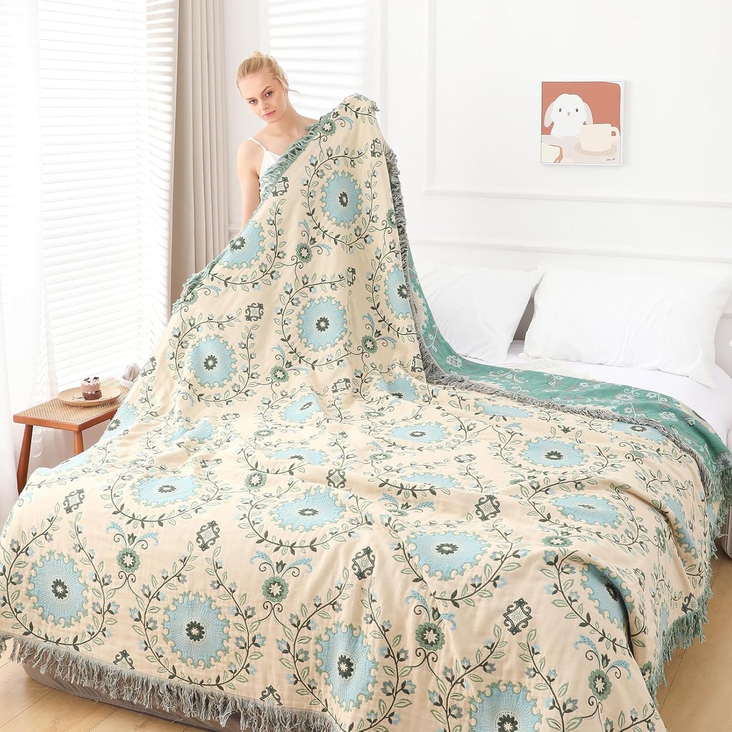 Snycler Boho Throw Blanket for Bed - 100% Cotton Ultra Soft Rustic Quilt - Blue Boho Floral Printed Farmhouse Decor Bed Blankets, 91"×98" All Season Rustic Throw for Sofa Couch Chair