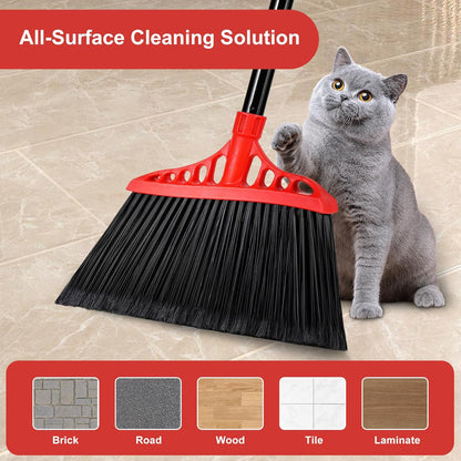 Heavy Duty Angle Broom - 55" Adjustable Iron Handle with Stiff Bristles - Commercial-Grade Indoor/Outdoor Broom for Garage, Patio, Kitchen, Sidewalk & Concrete Cleaning (Black & Red)