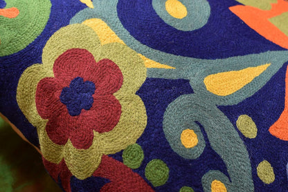 Blue Floral Pillow Cover | Navy Flower Throw Pillow | Outdoor Suzani Cushions | Hand Embroidered Chair Cushion | Wool Size - 18x18