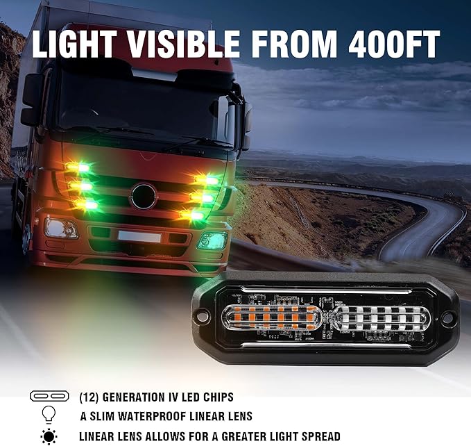 WINECO 8PCS LED Strobe Lights kit12V Sync Feature Green Amber 12LED Emergency Hazard Warning Lights with Strobe Controller for Trucks Vehicles ATV RV Cars Van