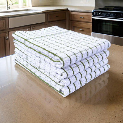 AMOUR INFINI Kitchen Towels Set of 4 - Highly Absorbent, Super Soft Terry Cotton 20x28 Inch Dish Towels with Hanging Loop - Hand & Tea Towels for Cleaning & Drying Dishes (Green)