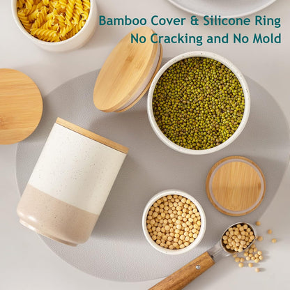 vancasso Sabine Ceramic Canister Set with Airtight Wood Lids - 3-Piece Kitchen Storage for Flour, Sugar, Coffee, Tea & Spices - Modern Countertop Decor