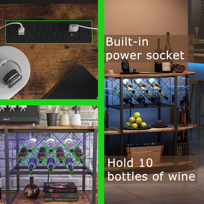 Wine Cabinet Bar Cart Table with Power Socket and LED Light, Three Tiers Coffee Bar Table Wine Rack Liqour Bar with Large Storage for Home Kitchen (Retro Brown)