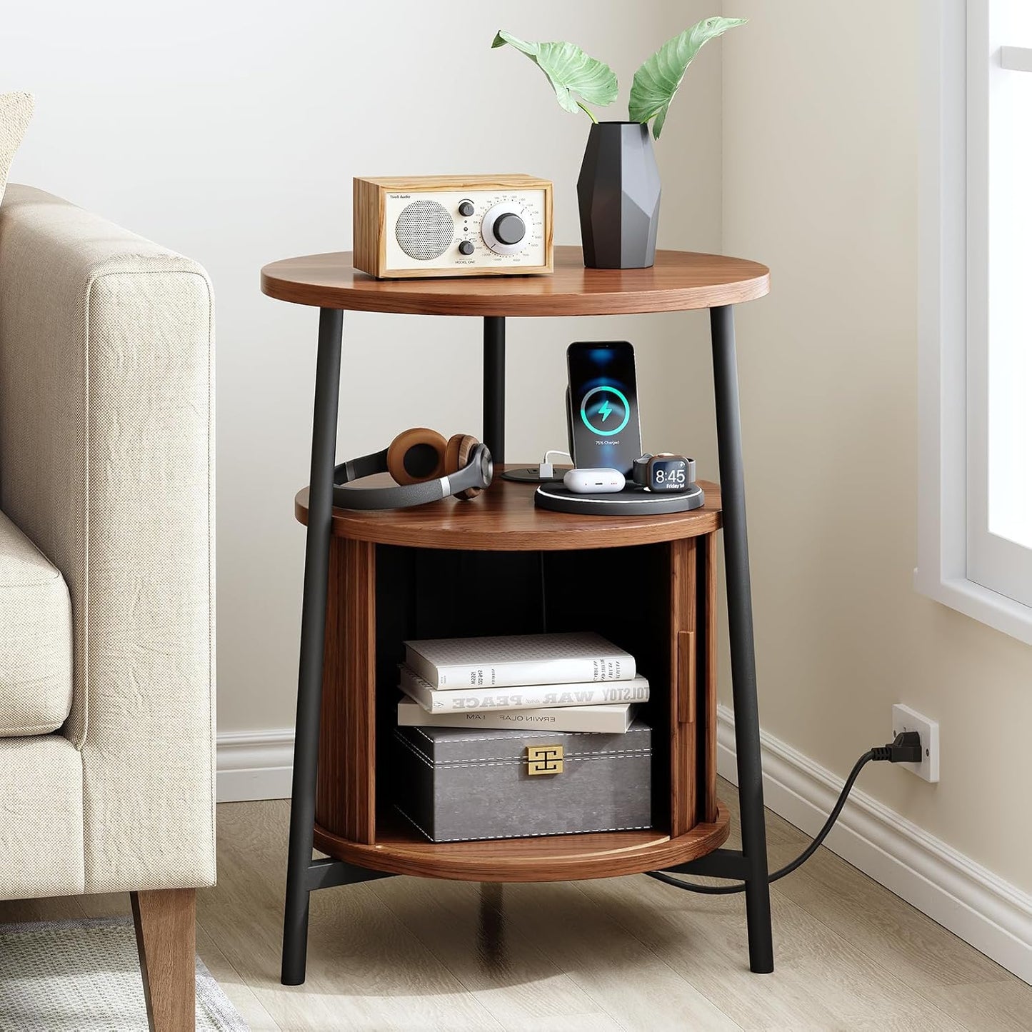 Round Side Table with Storage, Fluted Nightstand with Charging Station, Small Mid-Century Modern Bedside Tables, Walnut End Tables for Small Space Living Room Bedroom Sofa Couch