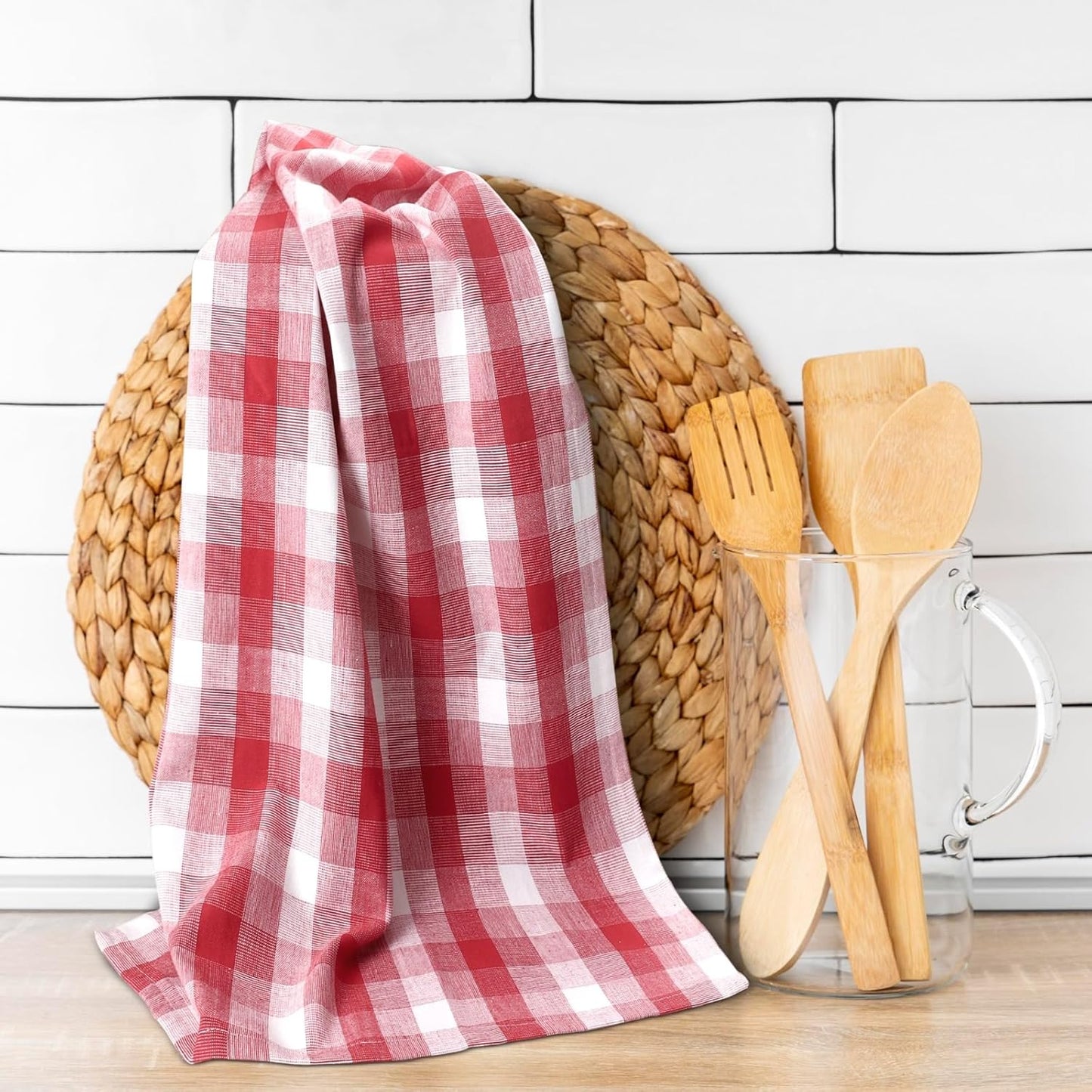 Christmas Kitchen Towels Set of 6 Red/White Checks, Reusable Cotton 20X30 Inches Dish Towel Highly Absorbent Premium Quality Ultra Soft Mitered Corners Kitchen Towels