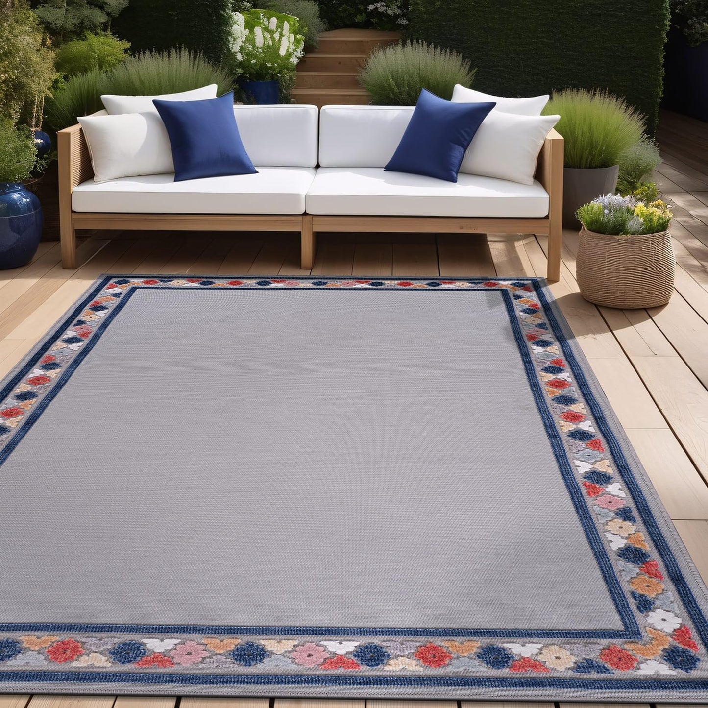 Beverly Rug Outdoor Rug 5x7 Modern Bordered Area Rugs for Indoor and Outdoor Patio Easy to Clean Non Shedding Living Room Porch Garden Washable Outside Carpet (5 x 7 Gray)