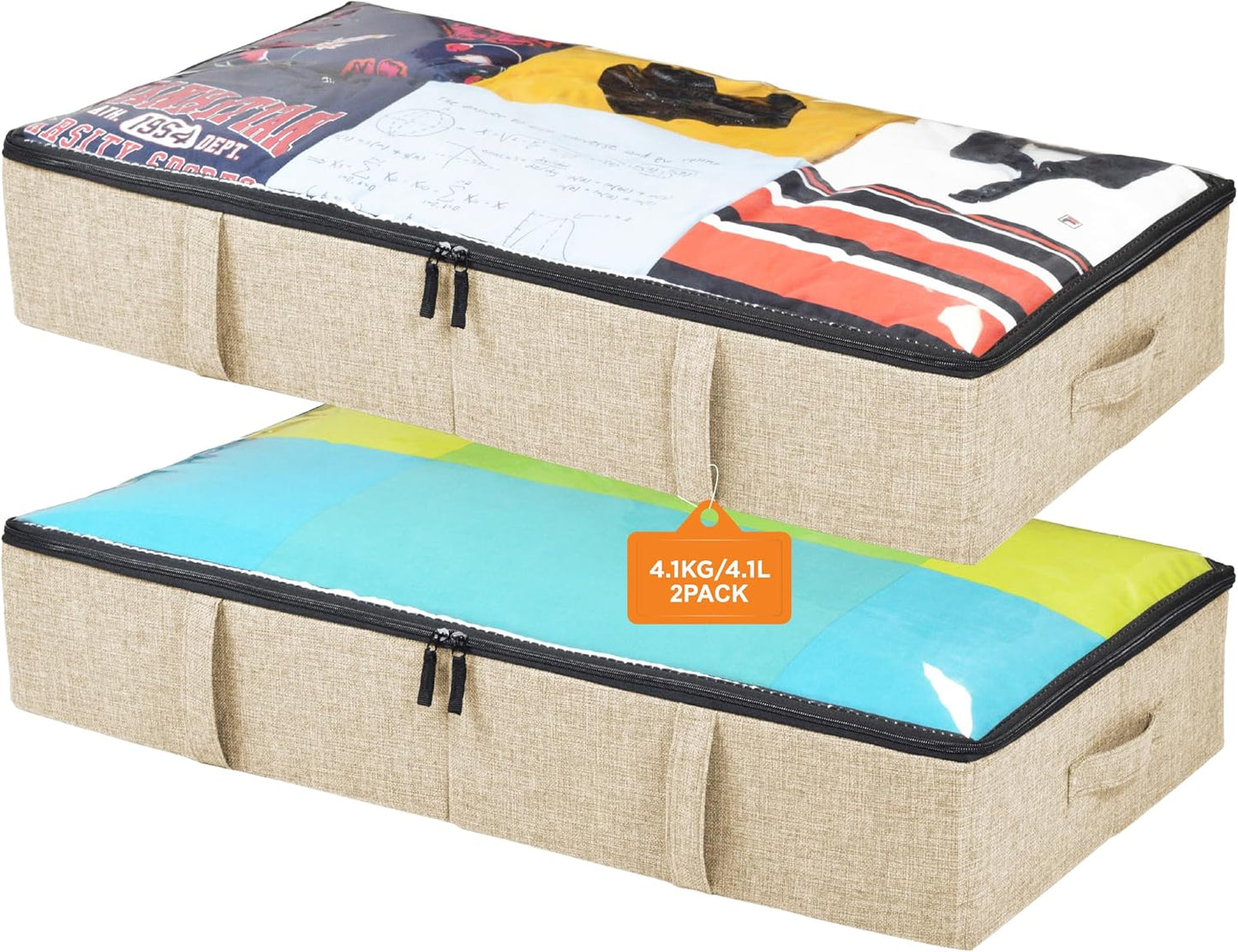 storageLAB Under Bed Storage Containers, Closet Organizers with Sturdy Handles for Clothes, Comforters, and Accessories, Use Under or at the End of the Bed - 2 Pack, Reinforced, Beige