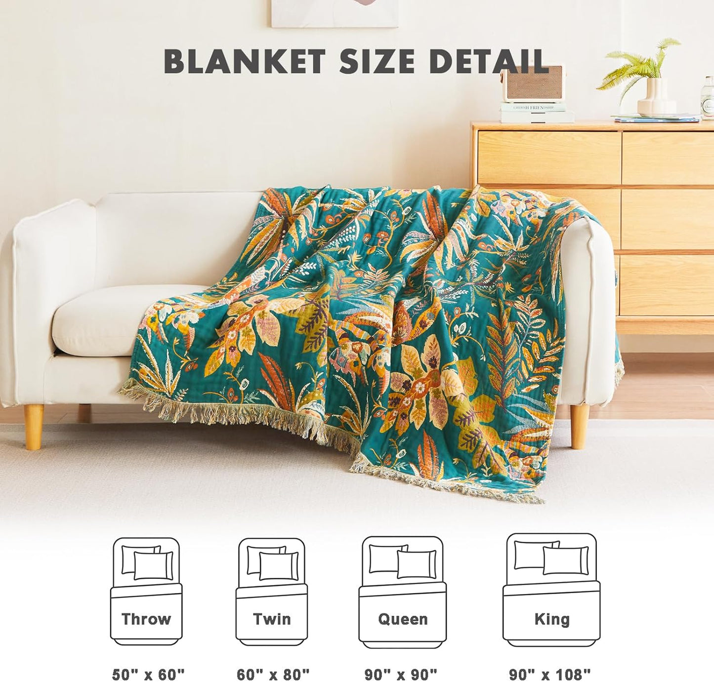 MSGKV Boho Throw Blanket for Bed Twin Size Cotton Muslin Breathable Floral Blanket 60"x80" Sofa Couch Blankets for All Seasons Lightweight Farmhouse Blankets Boho Home Decor